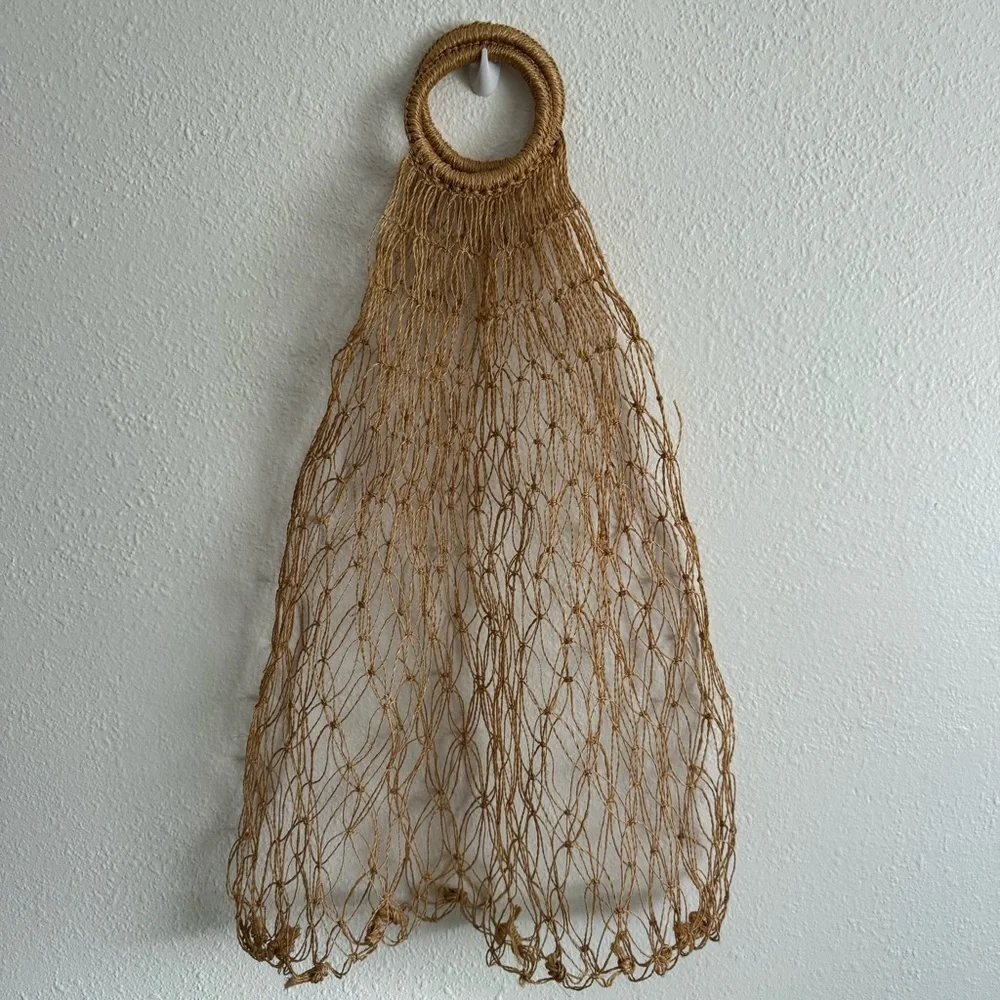 Vintage 90s Handmade Woven Straw Crochet Net Jute Farmers Market Large Tote Bag